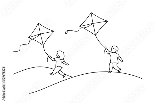 Two children flying kites line drawing illustration