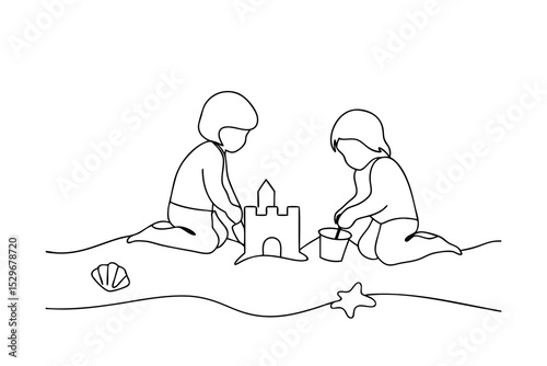 Two children building sandcastle beach line drawing illustration