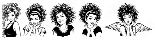 black and white retro women portraits with curly hairstyles