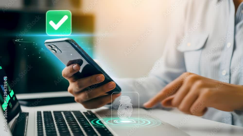 Businessman using a smartphone and laptop with a fingerprint icon appearing, representing two-factor authentication for secure access and data protection.