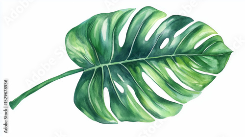 Vector illustration of tropical watercolor leaf, exotic plants, monstera on isolated white background