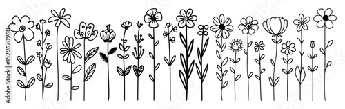 cute doodle style flower set with hand drawn stems