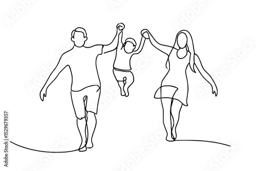 Continuous one line drawing of happy family holding hands, walking together.