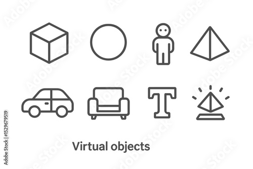 Line Style Virtual Icons. Line style icons for virtual objects: cube, sphere, pyramid, character, vehicle, furniture, text,
