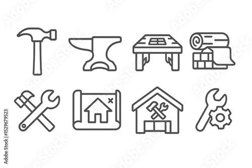 Crafting Essentials Icons. Line style icons for crafting: hammer, anvil, crafting table, materials, tools, blueprint, workshop,