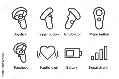 VR Controller Line Icons. Line style icons for VR controls: joystick, trigger button, grip button, menu button, touchpad, haptic