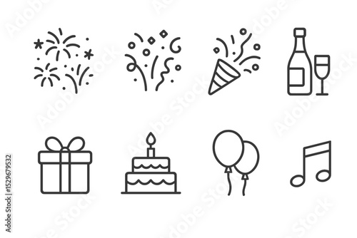 Celebration Icons Collection. Line style icons for celebration: fireworks, confetti, party popper, champagne, gift box, cake,