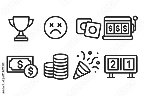 Game Outcome Icons. Line style icons for game outcomes: win, lose, draw, jackpot, payout, coin stack, celebration, scoreboard.