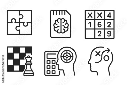 Brain Training Icons. Line style icons for brain training: puzzle, memory card, logic grid, sudoku, chess, calculation,