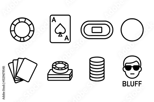 Poker Icon Collection. Line style icons for poker: poker chip, ace card, poker table, dealer button, cards fan, bet stack, chip