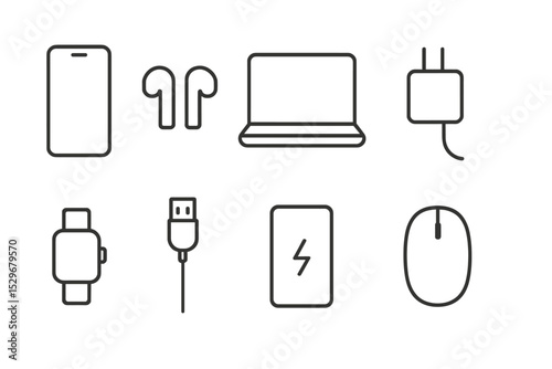Minimalist Tech Icons. Line style icons for minimalist tech: smartphone, earbuds, laptop, charger, smartwatch, USB cable, power
