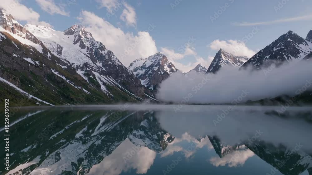 custom made wallpaper toronto digitalSerene Mountain Lake Reflection with Snow-Capped Peaks and Drifting Clouds at Dawn