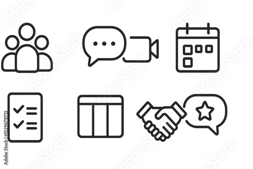 Teamwork Icons Collection. Line style icons for team collaboration: group, chat bubble, video call, calendar, checklist, project