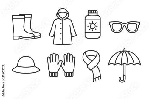 Weather Gear Icons. Line style icons of weather gear: rain boots, raincoat, sunscreen, sunglasses, hat, gloves, scarf, umbrella.