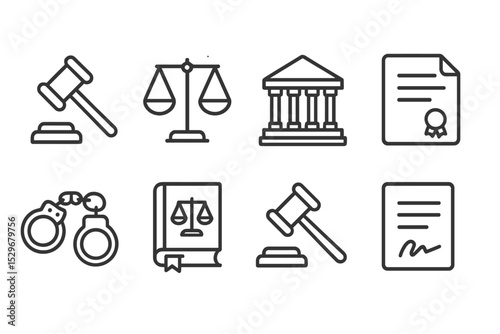 Legal Icons Collection. Line style icons of legal process: gavel, scales of justice, courthouse, document, handcuffs, law book,