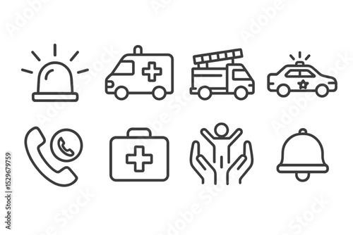 Emergency Icons Set. Line style icons of emergency response: siren, ambulance, fire truck, police car, emergency phone, first aid
