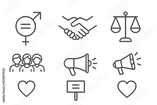 Gender Equality Icons. Line style icons of gender equality: gender symbols, equal sign, handshake, balance scales, diverse group,
