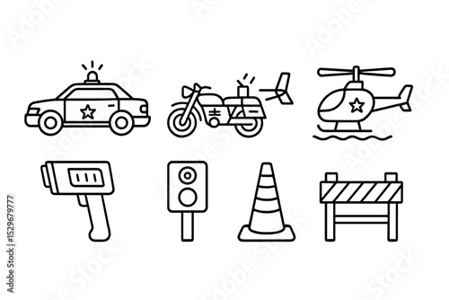 Police Vehicle Icons. Line style icons of police vehicles: patrol car, motorcycle, helicopter, police boat, radar gun, speed