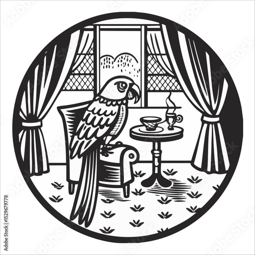 Image of a parrot sitting in a room and enjoying tea