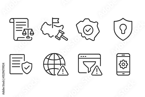 Localization Line Icons. Line style icons of localization: legal compliance, country law icon, policy region, terms & conditions