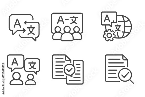 Multilingual Support Icons. Line style icons of multilingual support: auto-translate message icon, community translation platform,