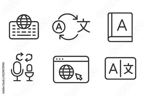 Multilingual Support Icons. Line style icons of multilingual support: international keyboard, language toggle, text translation
