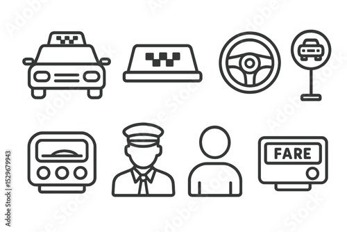 Taxi Icon Set. Line style icons of taxi: taxi car, taxi sign, steering wheel, meter, driver, passenger, taxi stand, fare meter.