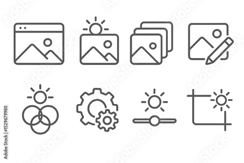 Light Theme Photo Icons. Line style icons of light theme: photo viewer light mode, gallery sun version, camera roll bright, image