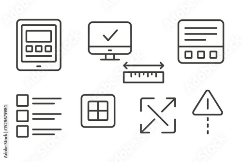 Responsive Design Icons. Line style icons of responsive design: app preview in tablet, smart screen check, width ruler icon,