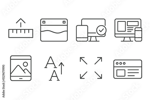 Responsive Design Icons. Line style icons of responsive design: breakpoint indicator, fluid width block, screen compatibility