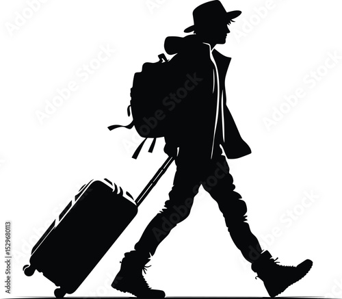 A man traveler walking with a luggage silhouette Vector Illustration isolated on a white background
