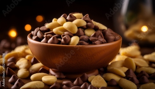 Chocolate chips and peanuts in a bowl, close-up food photography for recipe blogs or packaging sweet