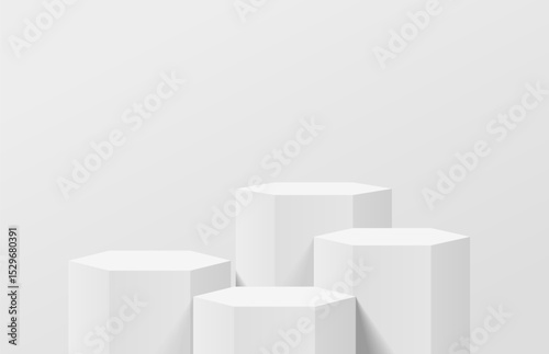 3d white wall background with realistic 3d hexagon podium pedestal. Minimal wall scene for product display presentation. Vector geometric platform. Stage for product promotion. 3d vector rendering.