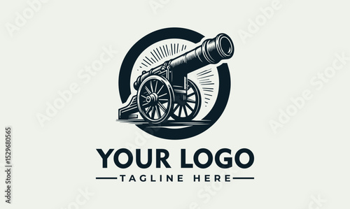 Detailed vintage cannon illustration firing with smoke and decorative stars. Historical weaponry concept