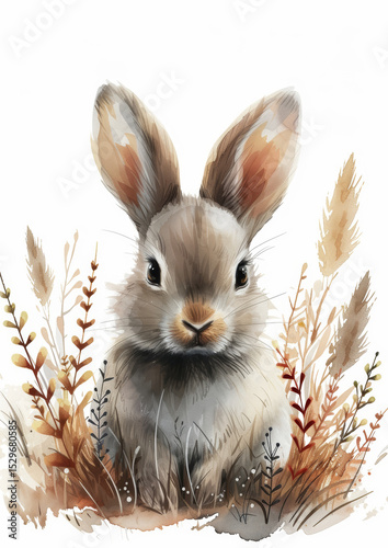 cute fluffy rabbit with big ears sitting in the grass among ears of corn and dry branches with soft color transitions and splashes on a light background, watercolor