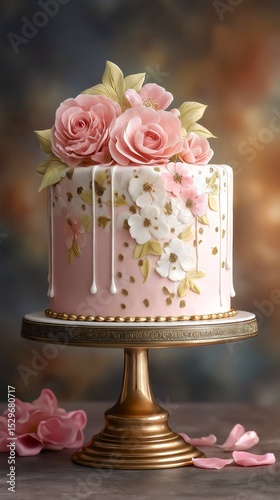 Elegant pink wedding cake, white chocolate drip sugar flowers, coral roses, gold accents on ornate golden cake stand.