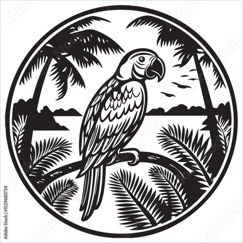 illustration of a parrot on a tree branch in a tropical forest