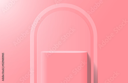 Abstract realistic pink 3d round podium for product display stand in light room and arch shape backdrop. Minimal wall scene for product mockup. Vector geometric platform. 3d vector rendering.