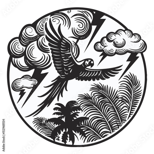 an image of a parrot flying through a forest with thunder coming through the clouds