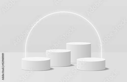 Soft realistic white 3d cylinder podium, half circle glowing neon light shining behind. 3D vector stage for product mockup. Geometric platform. Vector rendering. Minimal scene for product promotion.
