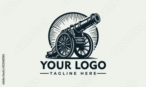 Detailed vintage cannon illustration firing with smoke and decorative stars. Historical weaponry concept