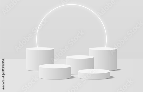 Soft realistic white 3d cylinder podium, round circle glowing neon light shining behind. 3D vector stage for product mockup. Geometric platform. Vector rendering. Minimal scene for product promotion.