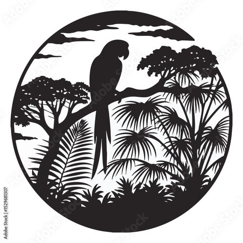 Image of a parrot on a tree branch in a tropical forest environment