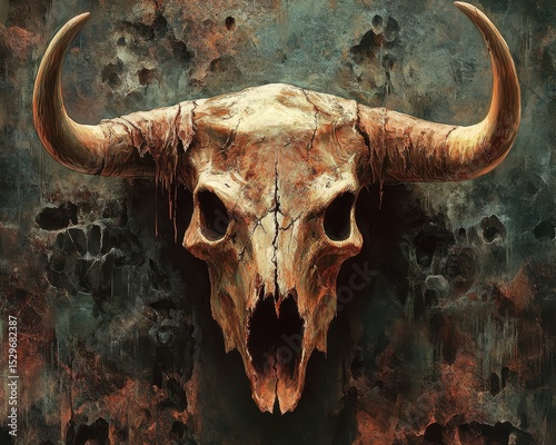 Steer Head. Eerie Bull Skull with Angular Horns in Dark Setting