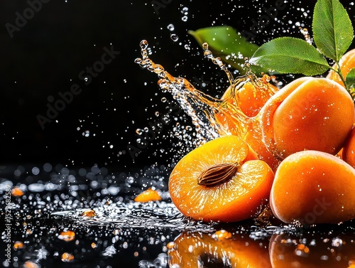 Fresh Juicy Apricots Splashing in Water on a Dark Background with Green Leaves