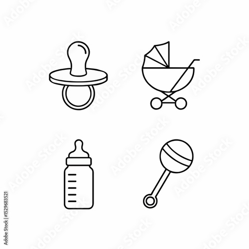 Baby Essentials Icons Including Pacifier, Stroller, Bottle, and Rattle