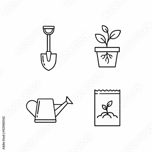A group of icons depicting gardening tools and elements such as plants, shovel, watering can, and seed packets in a minimalist line art design