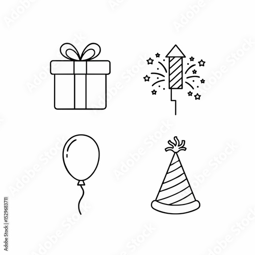 Collection of four simple line art icons including gift, rocket firework, balloon, and party hat, representing celebrations.