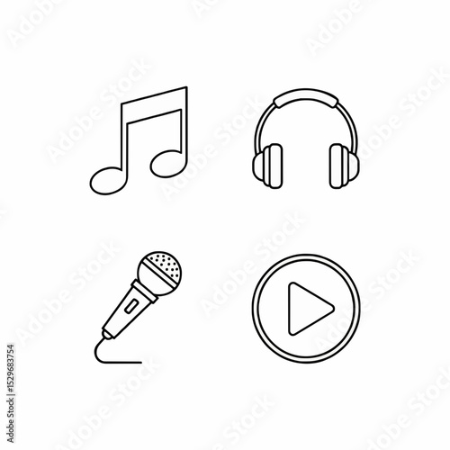 Minimalist Icons Representing Music, Sound, and Entertainment in Outline Style