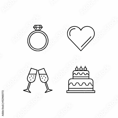 Outline Icons Representing Wedding, Love, Champagne Toast, and Celebration Cake